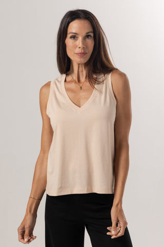 Sleeveless V Neck Top | Peruvian Pima Cotton | Almond