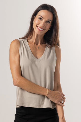 Sleeveless V Neck Top | Peruvian Pima Cotton | Khaki