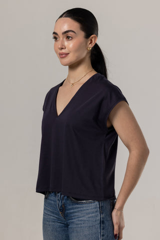 Flowy V Neck Tee | Peruvian Pima Cotton | Marine Blue