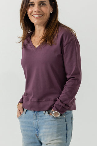 Long Sleeve V-Neck Top | Peruvian Pima Cotton | Eggplant