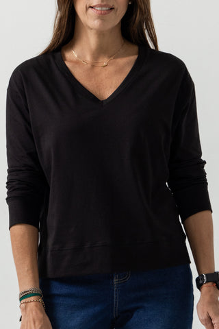 Long Sleeve V-Neck Top | Peruvian Pima Cotton | Black